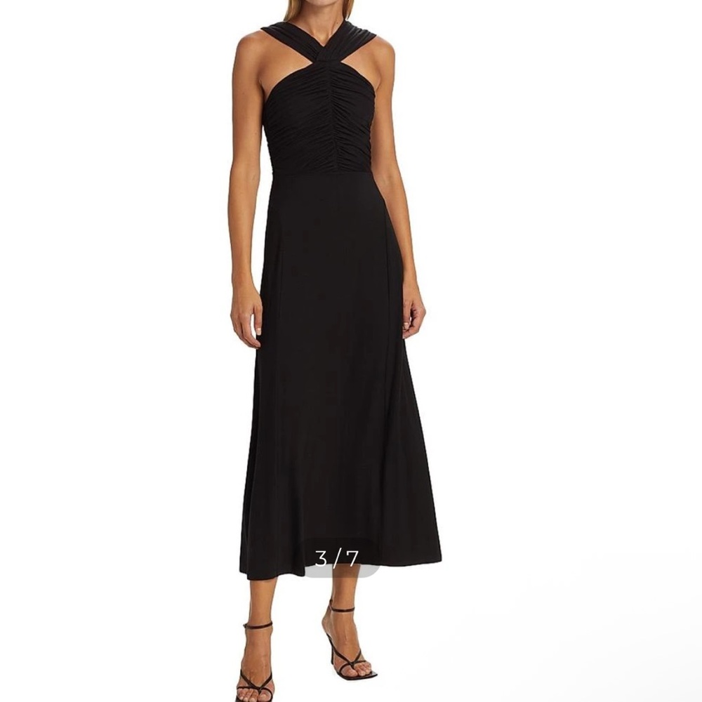 Favorite Daughter The Vivien Fit Flare
Black Midi-Dress Cross-Neck Ruched Bodice